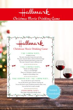 a christmas movie drinking game is shown on a table with two glasses of red wine