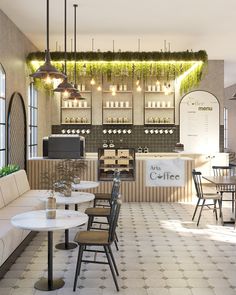 the interior of a coffee shop with tables, chairs and plants hanging from the ceiling