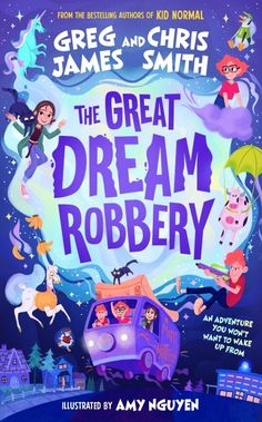 the great dream robby book cover with an image of children flying around and riding on a bus