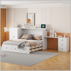 a white bed sitting in a bedroom next to a dresser and desk with two drawers