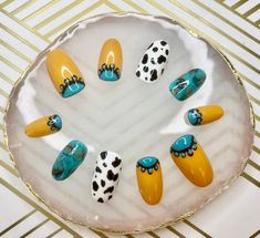 Western Cow Print Turquoise Western Cow Round Tip Press on Nail - Etsy American Indian Nail Art, Western Nail Art Turquoise, Indian Nail Art, Indian Nails, Gradient Nail Design, Halloween Acrylic