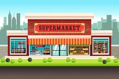 supermarket building with storefront and street view - buildings objects