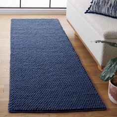 a blue rug is on the floor in front of a couch and potted plant