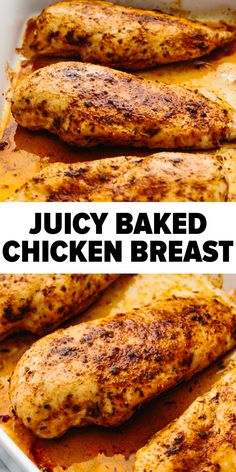 Baked chicken breasts in a casserole pan Juicy Baked Chicken Breast, Baked Boneless Chicken Breast, Boneless Skinless Chicken Breast Recipes, Chicken Breast Oven Recipes, Skinless Chicken Breast Recipes, Chicken Boneless Breast Recipes