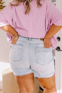 - Add a subtle edgy vibe to your sweet summer style with these high waist shorts! - Unlined stretchy denim material with subtle distressed detailing - A high waistline with belt loops, a hidden zip fly, and button closure - Functional front and back pockets - A flattering silhouette that ends in unfinished, upper-thigh length hemlines Stretch High-waisted Light Wash Shorts, High-waist Washed Denim Blue Jean Shorts, High-waisted Light Wash Jean Shorts With Belt Loops, Denim Blue High-waisted Shorts With Belt Loops, High-waisted Denim Blue Shorts With Belt Loops, Blue Nova, High Waist Shorts, Denim Material, Sweet Summer