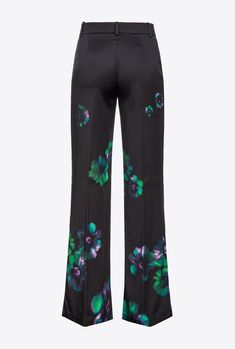 Tailored-style trousers in matte satin fabric with fade-effect floral print. Regular waist with belt loops, wide legs and slanted side pockets. Fastened with zip and covered hook. The main fabric is made with 51% EcoveroTM viscose, from responsibly managed forests and produced with environmentally friendly processes. Chic Floral Print Wide Leg Pants, Chic Floral Print Wide Leg Full Length Pants, Chic Floral Print Full-length Wide Leg Pants, Chic Full-length Floral Wide Leg Pants, Spring Evening Bottoms With Floral Print, Elegant Green Floral Print Bottoms, Elegant Floral Print Pants For Party, Elegant Floral Print Party Pants, Green Floral Print Bottoms For Work