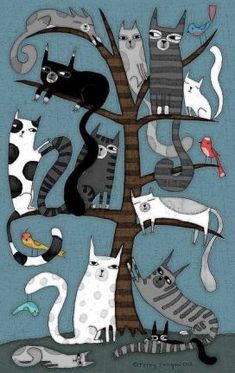 a tree with many cats sitting on top of it