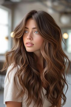 Long chocolate brown balayage styled in soft waves Chocolate Brunette Hair Color, Chocolate Brown Balayage, Braided Hairstyles For Long Hair, Hair Colour For Green Eyes, Balayage Ideas, Polished Hair, Center Of Attention, Brown Hair Balayage, Brown Balayage