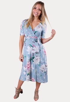 Gender Reveal Dress with Florals - Sexy Mama Maternity Bump Friendly Maternity Dress With Short Sleeves, Bump Friendly Short Sleeve Maternity Dress, Bump-friendly Short Sleeve Maternity Dress, Modest Maternity Maxi Dress For Spring, Modest Maternity Dress With Short Sleeves, Modest Short Sleeve Maternity Dress, Modest Short Sleeve Maternity Dress For Summer, Spring Maternity V-neck Dress Nursing Friendly, Summer Maternity V-neck Dress