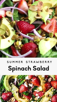 spinach salad with strawberries, avocado and feta cheese on top