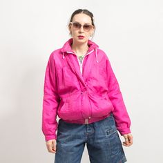 "Vintage 80's puffy bomber jacket in pink - with a front zip - 2 outer pockets - materials: no tag, probably nylon SIZE from the tag: no tag best fits women: S/M MEASUREMENTS bust: 49.5 inches (126 cm) length: 26 inches (66 cm) sleeve length from the neck: 29.5 inches (75 cm) The model is 5'9\" (174 cm), measures 35-27-38 (89-69-96 cm) and typically wears clothing in size M CONDITION - 8/10 - The jacket in good vintage condition. Washed, ready to wear." Babydoll Dress Grunge, Grunge Dress 90s, 90s Windbreaker, Checkered Jacket, Color Block Jacket, Floral Jeans, Puffy Jacket, Printed Denim, Crop Jacket