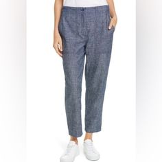 Eileen Fisher Denim Elastic Cargo Pant Style R9hcc-P4288 Slouchy, Comfy Pants Perfect Lightweight For Summer Size Large New With Tags! Approx Not Stretched Waist 19” Rise 13” Inseam 26” Medium Wash Tapered Leg Summer Pants, Mid-rise Bottoms For Business Casual Summer, Dark Wash Bottoms With Welt Pockets For Spring, Spring Dark Wash Bottoms With Welt Pockets, Trendy Linen Workwear Bottoms, Trendy Linen Bottoms For Workwear, Business Casual Denim Bottoms With Tapered Leg, Business Casual Tapered Leg Denim Bottoms, Business Casual Denim Blue Pants With Pockets