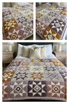 four different pictures of a bed with two pillows and one quilt on top of it