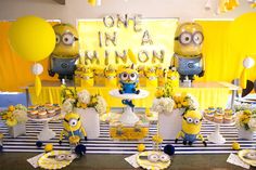 minion themed birthday party with yellow and blue decorations