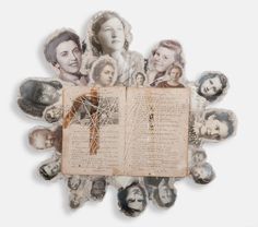 an old book with many different faces on it and the pages are torn open to reveal pictures