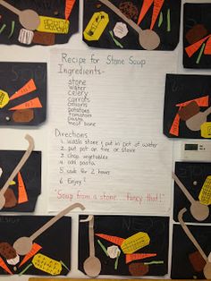 a recipe for stone soup is displayed on a bulletin board