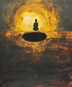 a painting of a man sitting in the middle of a dark hole with yellow light coming from it