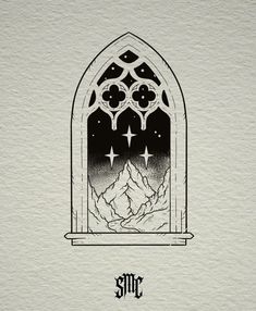 a drawing of a window with mountains in the background and stars above it, on top of a piece of paper