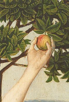 a painting of a hand holding an apple in front of a tree with green leaves