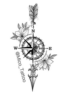 a black and white drawing of a compass with flowers on it's back side