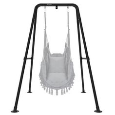 a swing chair with black legs and white fabric on the bottom, in front of a white background