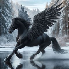 a black horse with wings is running in the snow near water and trees, while it's reflected in the wet surface