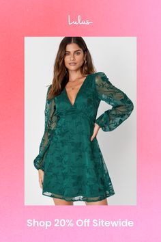 Float through the day looking heavenly in the Lulus Angelic Bliss Emerald Green Embroidered Puff Sleeve Mini Dress! Lightweight, gauzy chiffon, with darling floral embroidery throughout, shapes this sweet dress that has a V-neckline, fitted bodice, and sheer puffy sleeves with elasticized cuffs. Empire waist carries into a classic A-line skirt that falls to a flirty mini hem. Hidden back zipper/clasp. Fit: This garment fits true to size. Length: Mid-thigh. Size medium measures 34.5" from shoulder to hem. Bust: Great for any cup size. Waist: Fitted - very fitted at natural waist. Hip: Not Fitted - room for hips. Undergarments: May be worn with any standard bra. Fabric: Fabric has no stretch. Bodice and skirt are lined. Shell: 100% Polyester. Lining: 100% Polyester. Hand Wash Cold. Do Not Bl Green Wedding Guest Dresses, Fashion Terminology, Mini Dress Floral, Emerald Dresses, Puff Sleeve Mini Dress, Flair Dress, Lulu Fashion, Floral Embroidered Dress, Green Mini Dress