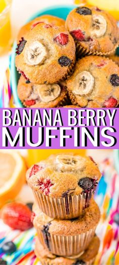 banana berry muffins stacked on top of each other with the title above it