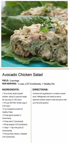 the recipe for avocado chicken salad is displayed on a plate with lettuce leaves