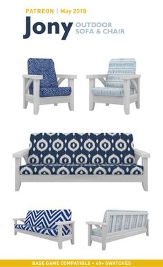 an advertisement for the patio furniture show, featuring blue and white chairs with patterned cushions