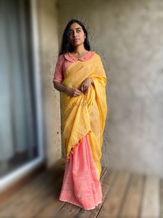 Here is your perfect classic, unique linen saree look for your upcoming occassion that really makes you stand apart in crowd !!     You dont really need to stress your self in finding matching blouses for our sarees !! we pretty much carry our sarees with trendy stitched blouses or we will help you with our mix and match collection !!     If you are thinking to customize the size/pattern of the blouse please get in touch with us and we will deliver you the customized orders in 3 -4 weeks time pe Ready Made Saree, Pink Saree Blouse, Modern Sarees, Fashionable Saree, Cutwork Blouse, Ethnic Suit, Saree Blouse Neck Designs, Traditional Blouse Designs, Latest Model Blouse Designs