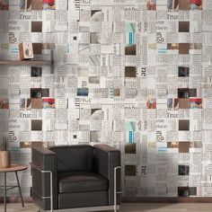 a chair in front of a newspaper wallpaper