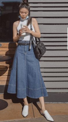 Flared Denim Skirt Outfit, Old Jeans To Skirt, Denim Skirt From Jeans, Skirt From Jeans, Style Your Shirt, Jean Skirt Outfits Fall, How To Style Braids, Style A Denim Skirt, How To Style A Denim Skirt