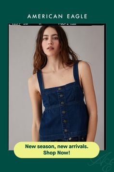 Denim/Sleeveless/Straight neckline/Button-up front/Babydoll silhouette Dark Wash Sleeveless Casual Top, Dark Wash Button-up Denim Top For Summer, Sleeveless Denim Blue Top With Buttons, Denim Top With Buttons For Day Out, Trendy Button Closure Denim Vest For Day Out, Summer Dark Wash Denim Vest For Day Out, Trendy Sleeveless Denim Vest With Button Closure, Everyday Sleeveless Tops With Buttons, Fitted Blue Tank Top With Button Closure