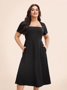 Casual Midi Dress With Straight Neckline, Black Casual Dress With Straight Neckline, Casual Black Dress With Straight Neckline, Casual Midi Dress With Flattering Silhouette, Elastic Waist Dress, Trendy Dress, Square Neck Dress, Waist Dress, Trendy Dresses