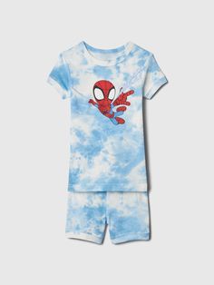 babyGap | Marvel Organic Cotton Short PJ Set | Gap Casual Short-sleeve Gap Tops, Gap Graphic Tee With Character Print, Gap Cotton Tops With Character Print, Cotton Cartoon Print Short Sets, Cartoon Print Cotton Short Sets, Casual Cotton Sets With Character Print, Gap Cotton Top With Cartoon Print, Blue Cotton Sleepwear With Letter Print, Blue Cotton Character Print Sets