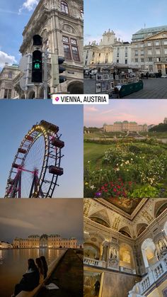 four different pictures with the words vienna, aussia and ferris wheel in front of them