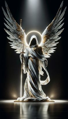 an angel statue holding a staff in front of a spotlight