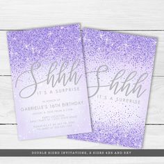 two purple and silver glitter sweet sixteen birthday party cards with the words sweet sixteen on them