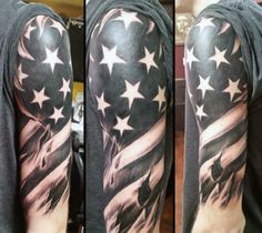 a man's arm with an american flag tattoo on the sleeve and shoulder, both showing