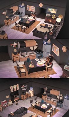 three different views of a living room and dining area in an animated style with furniture