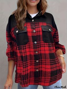 Olivia Mark - Plaid Button Front Shirt, Casual Long Sleeve Lapel Jacket Shirt, Women's Clothing Plaid Tops With Casual Collar And Button Closure, Collared Flannel Shirt With Pockets For Spring, Collared Flannel Shirt With Button Closure For Work, Spring Collared Flannel Shirt With Pockets, Shirt With Lapel Collar And Placket For Fall, Fall Shirt With Lapel Collar, Winter Button-up Single Breasted Shirt, Winter Single Breasted Button-up Shirt, Winter Single-breasted Button-up Shirt