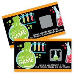 two tickets with science themed labels on the front and back, one for each game