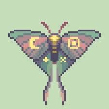 a pixel art butterfly with numbers on it's wings and eyes, sitting in front of a green background