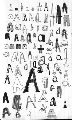 the letters are drawn in black and white ink on lined paper with different shapes, sizes, and colors