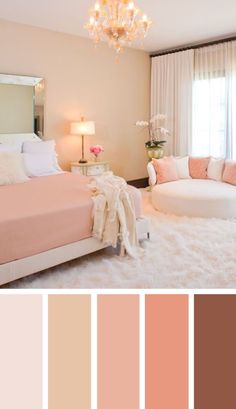 a bedroom with pink and white colors in the color scheme, including bed linens