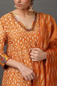 Shop for NUHH Orange Ikat Print Kurta Set for Women Online at Aza Fashions Kurta Embroidery, Embroidery Kurta, Embroidered Cuffs, A Line Kurta, Straight Kurta, Ikat Print, Embroidered Neckline, Kurta Set, Printed Pants