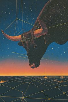 an image of a bull in the sky with lines on it's face and stars above