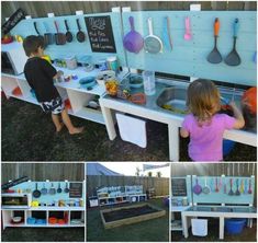 two children are playing in an outdoor play kitchen