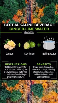 the best alkaline beverage ginger - lime water info graphic with ingredients and instructions